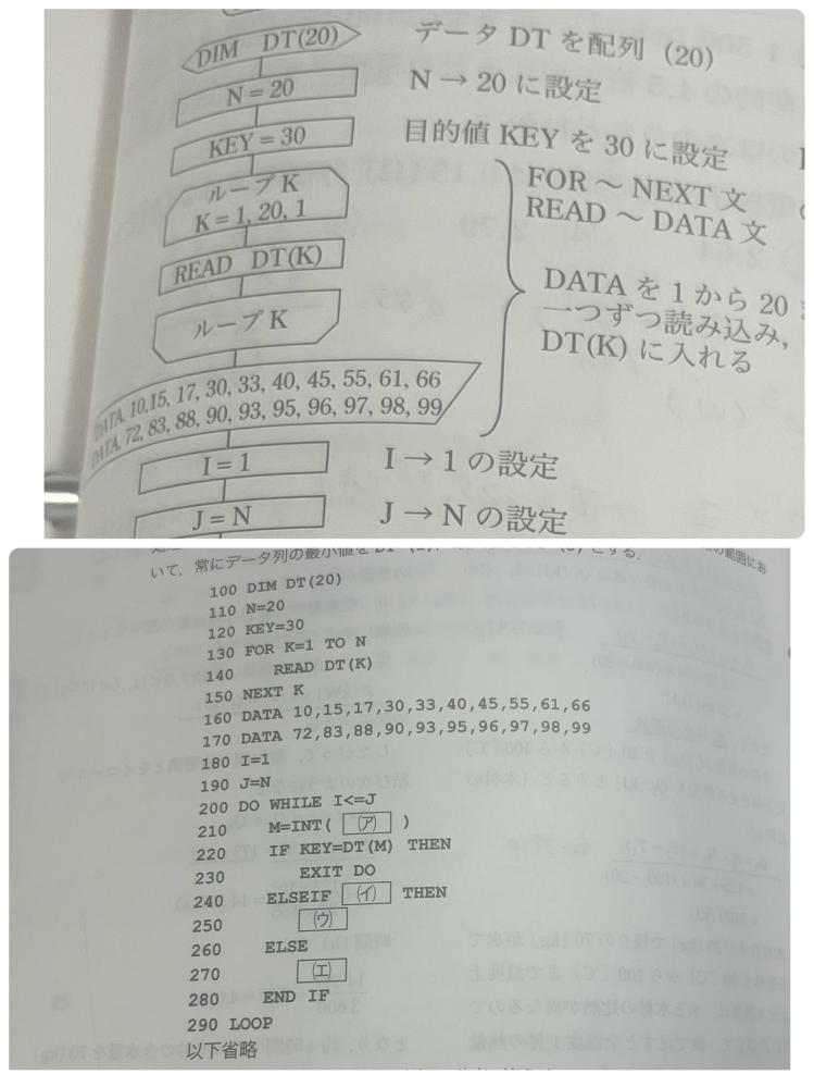 プログラム言語(BASIC)について質問させてください。 最近プログラム言語について勉強をはじめました。 この解説についてDATAを1から20まで1つずつ読み込みDT(K)に入れるとありますが、このループの始まりと終わりについてよくわかっていません。 まずK=1.20.1について 1から20までなら1.20ではだめなのでしょうか。 またループの終わりがKとはどういうことでしょうか。 調べてもいまいちピンとこないので質問させていただきました。 初歩的な質問かと思われますがお願いします。