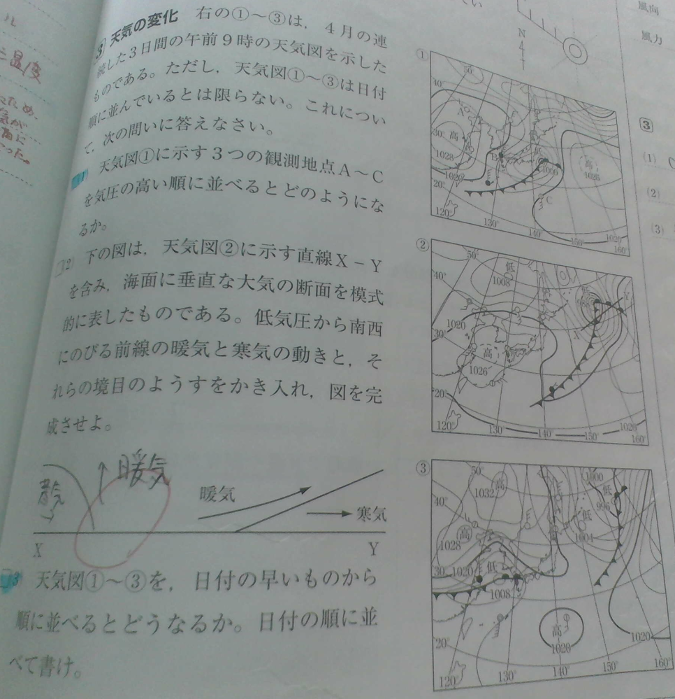 天気図の並べ替えの問題です。答えが③①②の順になっているのですが、なぜでしょうか。