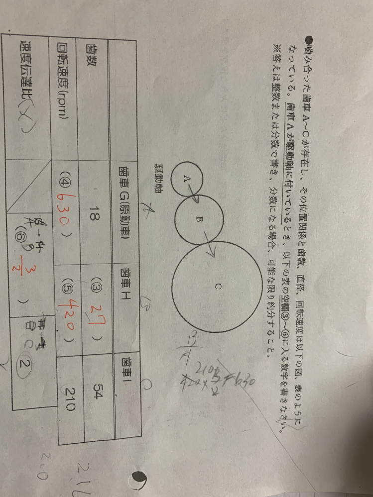 至急です！！中2技術歯車計算問題について教えて欲しいです！ 54から27になるのは速度伝達比が2だから½ということが分かったんですけどなぜ回転速度の方は210から×2で420という回答になるのでしょうか！ 明日テストなので教えて欲しいですお願いします