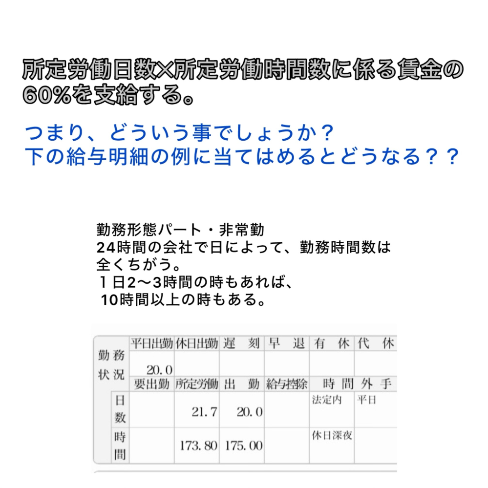 有給の計算の方法 就業規則で 所定労働日数✕所定労働時間数に係る賃金の60%を支給する。 と記載してありましたが、よくわからなくて。 有給10日分消化するとして、どういう計算になりますか？ 仮に、 時給は1000円、夜間割増料金が30000円 貰ってることとします。 詳しくは、画像みてください。