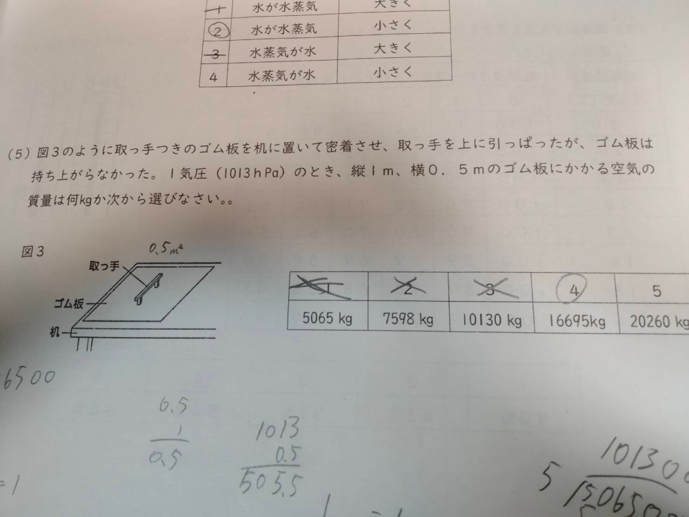 中2理科の質問です 1気圧1013hPaのとき縦1m横0.5mのゴム板にかかる空気の質量の問題が分かりません どなたか教えていただけませんか