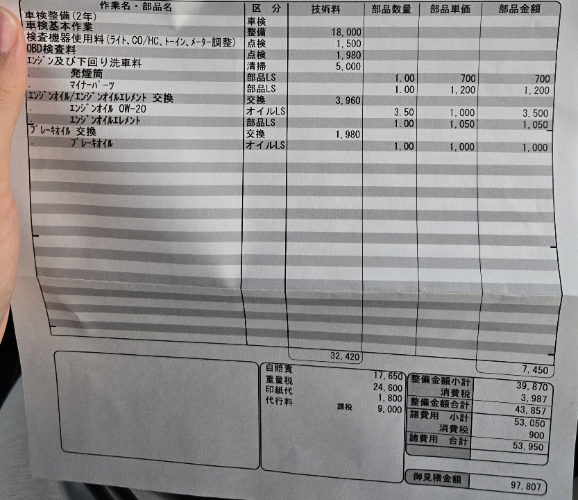 コウ　ご確認用 ヤリスクロス（ガソリン）の3年目で最初の車検の見積もりをもらいまし