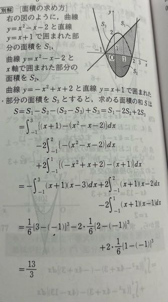 曲線Y=|X^2-X-2|と直線y=x+1で囲まれた2つの部分の面積の和Sを求めよ。 これを解いた時に１／６公式を使って図の中のS1とS３だけを足したら間違ってしまったのですが、なんでS2も求める必要があるのですか？