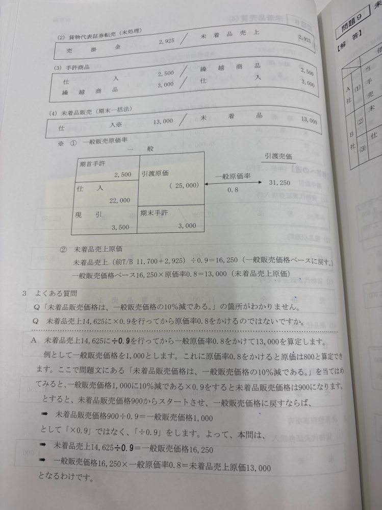 簿記論 特殊商品売買について質問です。 問題文に 「未着品販売価格ら、一般販売価格の10%減である」 と記載されているのですがなぜ➗0.9となるのでしょうか？ 一般原価率が、0.8のため10%減だと0.7だと思いました。 素人質問で恐縮ですがご回答よろしくお願いします。