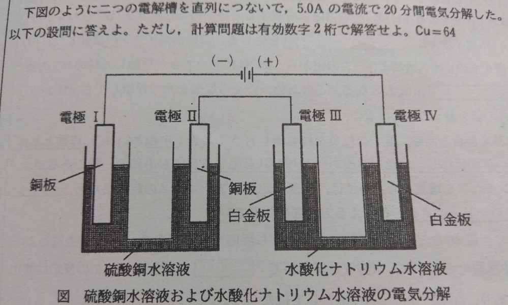 化学の問題です。電極Ⅳの反応式として、解答に2H₂O→O₂+4Hプラス+4eマイナス と書いてありました。 自分は4OHマイナス→2H₂O+O₂+4eマイナス ではないかと思ったのですが違いますでしょうか？どのように考えればよいでしょうか？ (プラス、マイナスは小さい記号が見つかりませんでした汗)