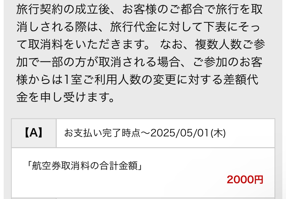 楽天トラベルパック 取り消し金額 下記画像の案内の場合大人2名だと ¥2000×2=¥4000ということでしょうか?