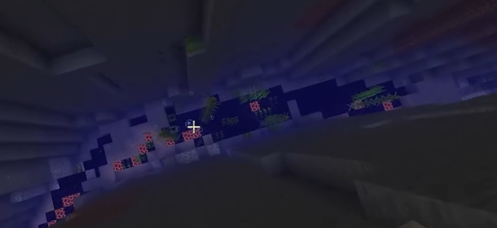 マイクラrta この画像の海の中にある黒曜石ってどつやって見つけてるんですが、スペクターモードでやっても見つからず困っています。最新バージョンでrta練習しててこの画像のとこを見つけてすぐネザーへ行きたいのですが見つかりません。