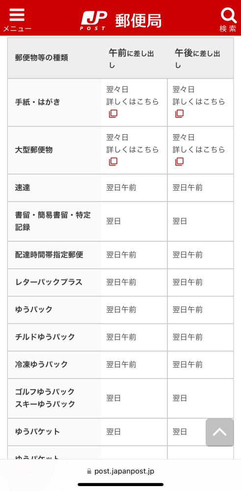 木曜日に発送した普通郵便はいつ届きますか？日数は画像の通りです