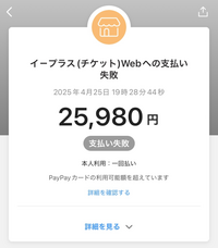 あるライブでイープラスでのチケット購入だったんですが、PayPayカードのご利用額が10万と年齢的に決まっていて支払い失敗と出てしまいました。 この場合支払い出来なかったのでキャンセル扱いなどになってしまうのでしょうか？

一応先程この通知が来た後に30000円はチャージしました。