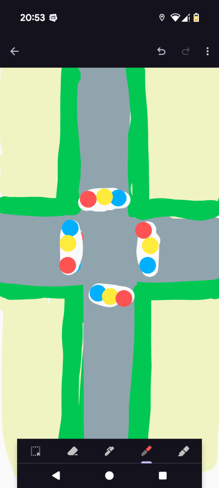 至急(なるべく) 画像の絵のように完全に横断歩道がないやつで灰色がクリーム色が歩道で、緑が道路と歩道沿いに生えてる植木？みたいなものなんですけど、画像みたいに横断歩道がない場合ロードバイクでもそのまま道路を突っ切ったらダメなんでしょうか。 例えば縦の一直線の信号機が青の場合横の一直線は赤になるじゃないですか、それで青の信号機の時に自分も行くって感じです。