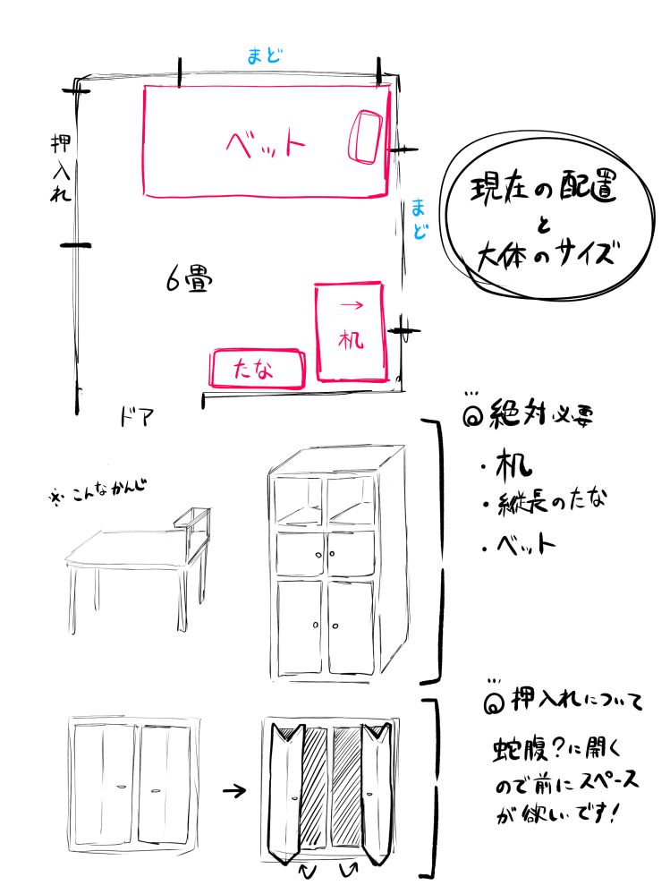 部屋の模様替えをしたいです！ 自力でベットはこっちかなぁ...とか考えてみたけど限界です！ 細かいとこは画像にしました！ 匠のみなさん、案をご教授ください...m(_ _)m