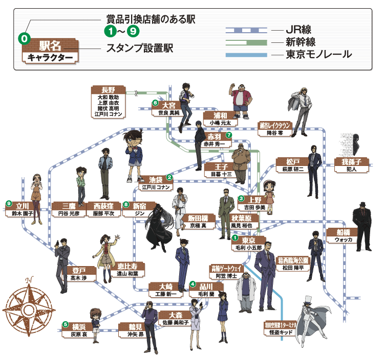 名探偵コナンのスタンプラリーを集めたいのですが 東京駅フリーきっぷを持ってます どこの駅が行けないところか教えていただけませんか？ 都区内パスではなく 東京フリーきっぷです！ 東京あまり来ないため路線や駅がわからないので教えてください(T . T)