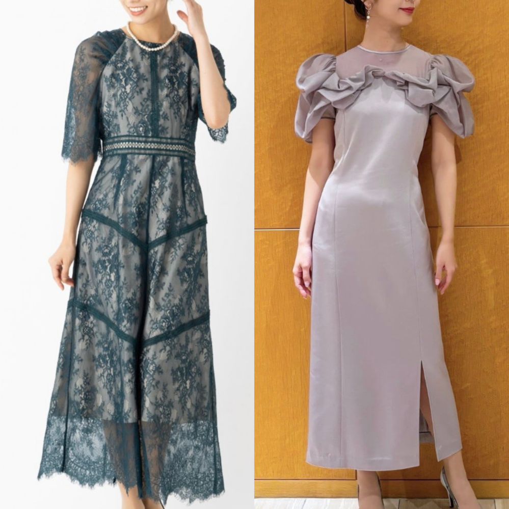 結婚式の服装について 今月友人の結婚式があるのですが、ホテルでの挙式で友人のご親族がかなりマナーに厳しい方なので、どちらを着用すればマナー違反にならないか迷っています。 どちらが相応しいでしょうか？ 靴は白のグリッターパンプスを履こうと思っています。