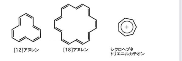 以下の化合物を芳香属性、反芳香属性、非芳香属性に分類しろという問題ですが、左から順に 非芳香属性、芳香属性、芳香属性ですか？ 12アヌレンは非平面だから非芳香属性ですか？