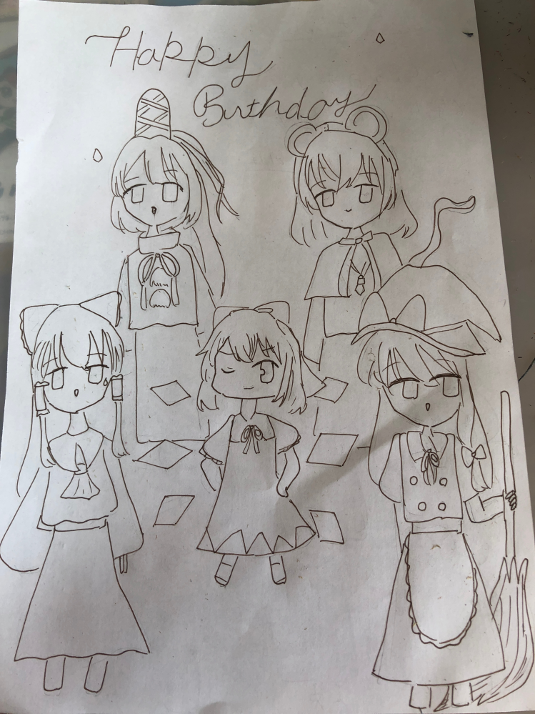 友達の誕生日に絵を描いたのですが、(友達は東方が好きなので東方を)背景は何がいいですかね？(色はまだ塗ってません)