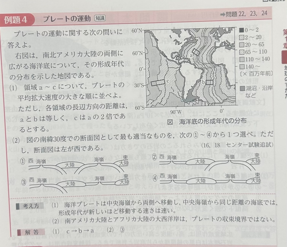 【地学基礎】(2)答えが③な理由がわかりません。海洋プレートが大陸プレートの下に入るから1だと思ったんですけど、なんで違うんでしょうか？