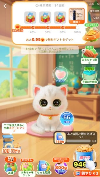 SHEINの育ててにゃんこについて、1回目です。期間延長を繰り返して残