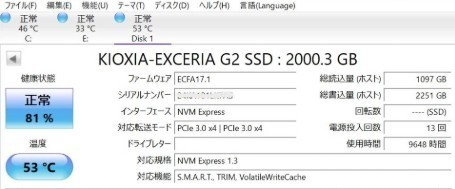 このSSDは総書き込み量が少ないのに81％ですが使用時間は9