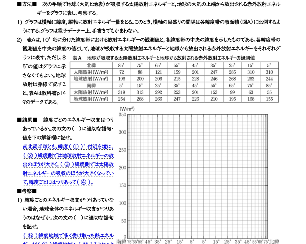 高校二年生の地学の課題です。 写真の1)、2)のグラフに表すのはどうすれば良いのでしょう？