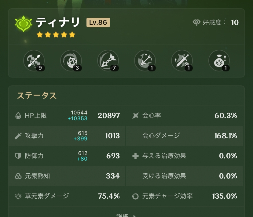 原神無凸ティナリのステータスどうでしょうか？聖遺物は楽団4セットで
