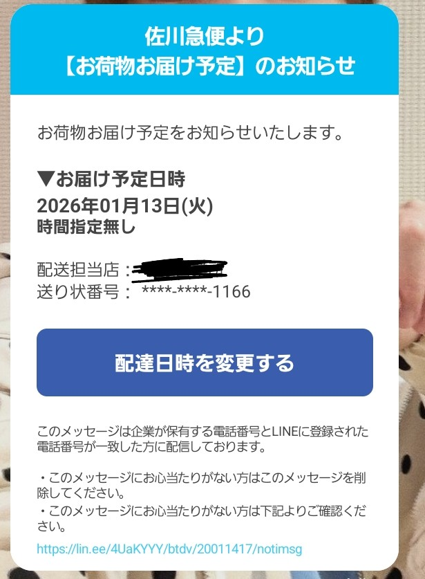 専用です！お急ぎの方はご購入前にご一報くださいさま 佐川急便の公式LINEから急にこれが届いたのですが身に覚えがありません