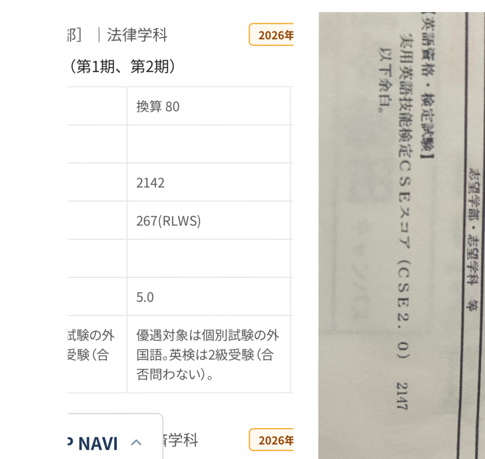 至急です。日大A個別第2期で2147の英検のCESスコアを提出して、受験票にも記載されているのですが、これはちゃんと得点80点を保証してくれますか？ 準1級の不合格スコア2147を出してるんですけど、画像のとこに英検は2級受験って書いてあるのですが、もしかして、これは2級受験を何かしら証明するものを送らなければならなかったのですかね？ それとも2級以上を受けてれば大丈夫ですかね？