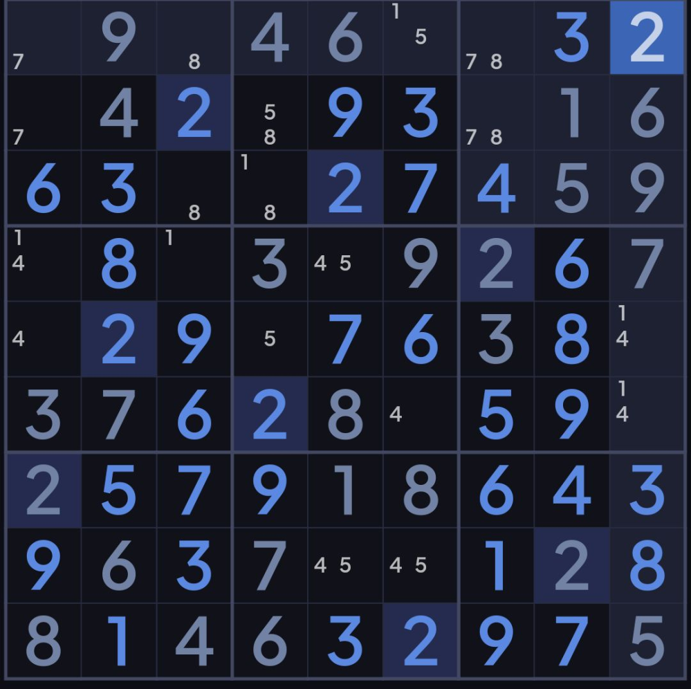 数独についてヒントをお願いします かなり埋まった状態なのですがここから先が埋まらなくて…… 1箇所仮で決めたあとに埋めていってかぶりが起こらないかで埋める方法しかないのでしょうか