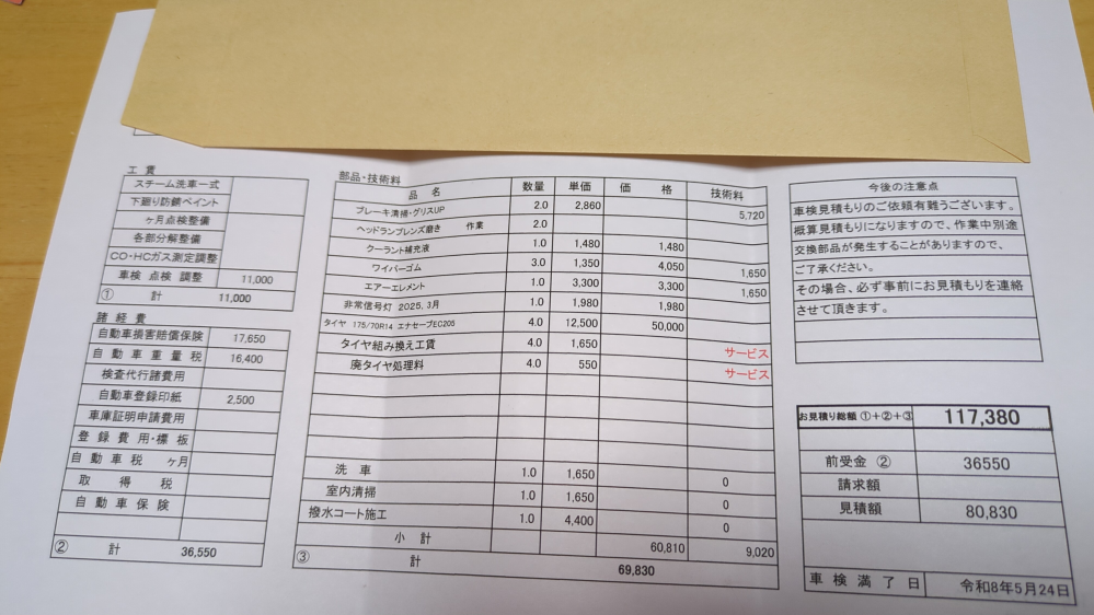 車検の見積もりを頼んだらこのような内容でした。車にお詳しい方 