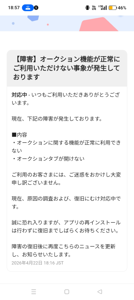 写真の様にメルカリのオークションでトラブルがあり、入札も出来 