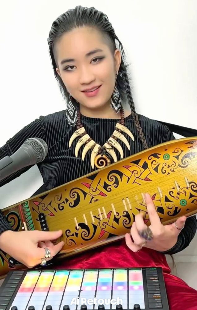 女性の楽器演奏デザイン 女性の弾いてる楽器を教えてください - ボルネオ島の伝統楽器サペです