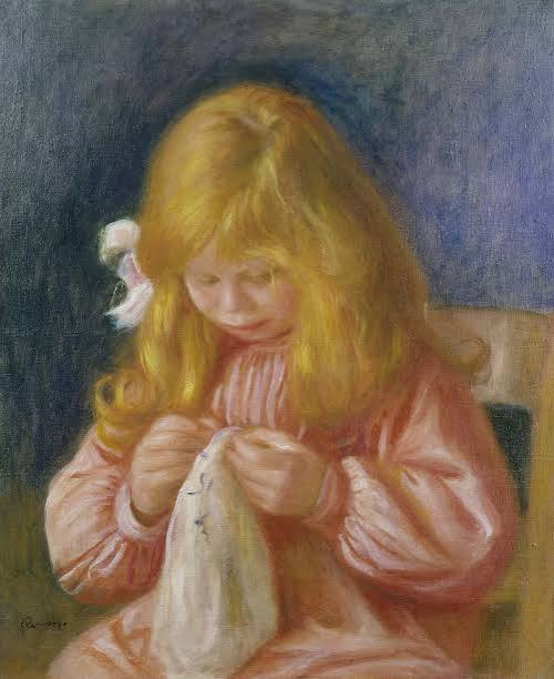 絵画 題名不明 この絵画のタイトルは何ですか。 - 縫物をするジャン・ルノワ