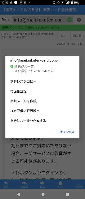 組み合わせ/リクエスト/お客様のご希望に合わせてご案内可能になります♬ カードの不正利用？？おかしなメールがきました。楽天カードを作った