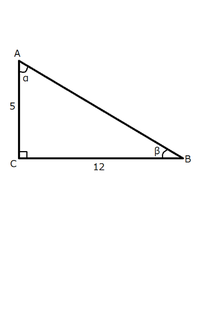 数学についての質問です。答えのわかる方、よろしければ解説付きで教えてください。 図の直角三角形において、∠A=α・∠B=βとする。
 
α・βの正弦、余弦、正接の値は？