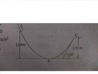 物理基礎(高校)の問題です。

写真の図のような、表面の滑らかな曲面がある。
最下点Bからの高さ1.60mの点Aから、
初速度0で小球を滑らせる。
重力加速度の大きさを9.8ｍ/s二乗として、
次の各問に答えなさい。 (1) 小球がBを通る瞬間の速さは何m/sか。

(2) 小球はBからの高さ1.20mの点Cから飛び出す。
 Cから飛び出す瞬間の速さは何m/ｓか。

な...