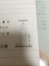 定滑車に糸をかけ，両端に質量mおよびM(M>m)の小球A，Bを取り付けた。Aは水平な床に接し，Bは床からhの高さに保持されて糸はたるみのない状態になっている。いま，Bを静かにはなすとBは下降を始めた。重力加速度の大 きさをgとする。

(1)Bが下り始めて床と衝突する直前までの間に，AとBの位置エネルギーの和はいくら減少するか。

(2)Bが床に衝突する直前のA，Bの速さvはいくらか。...