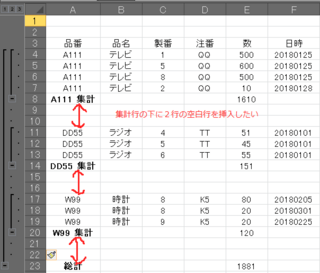 Vbaにて空白行の挿入をしたい エクセルのデータ 小計を用いて Yahoo 知恵袋