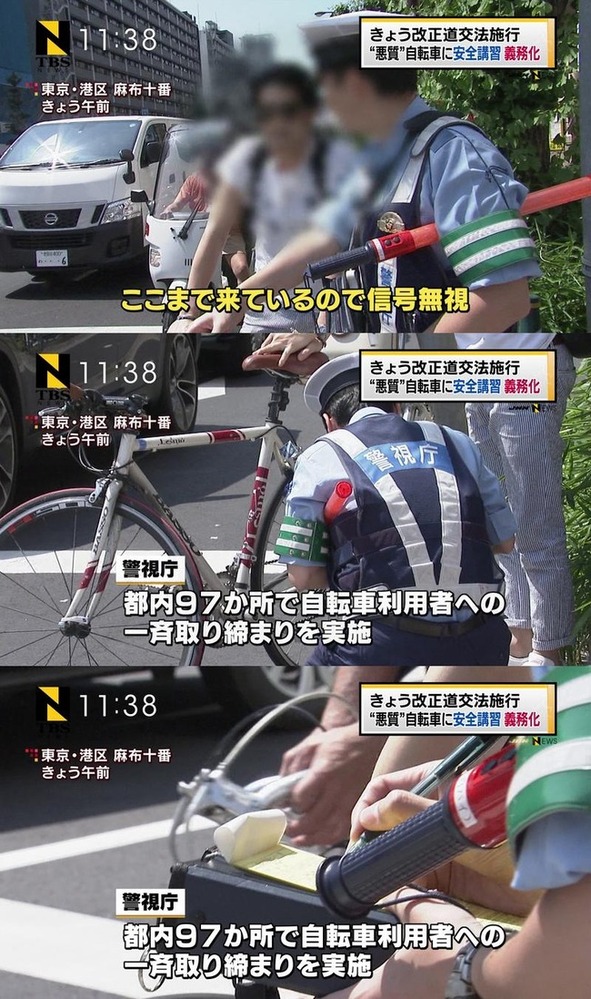 自転車で車道を走るときに赤信号で止まるとき車と車の間で止まると信 