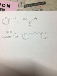 アルドール縮合について ベンズアルデヒドとアセトンの混合物に水酸化ナトリウムとエタノールを加えて、ジベンジリデンアセトンが出来る反応機構を書いて欲しいです( .. )