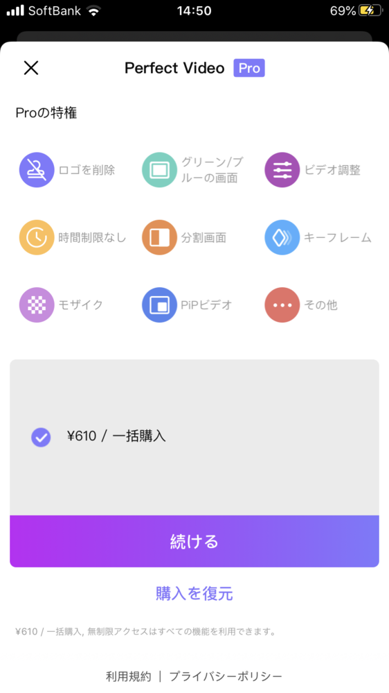 先程パーフェクトビデオという動画編集アプリをインストールしました