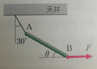 高校物理の剛体です。 問題
長さL、質量mの一様な棒ABのA端と天井の間を糸で結び、B端に水平方向の力Fを加えると、糸が鉛直から30°傾いた状態で静止した。重力加速度の大きさをgとして、以下の問いに答えよ。
（1）糸の張力をmとgを用いて表せ。
（2）Fをmとgを用いて表せ。
（3）棒が水平となす角をθとする。tanθの値を求めよ。

こちらの問題です。
宜しくお願い致します。