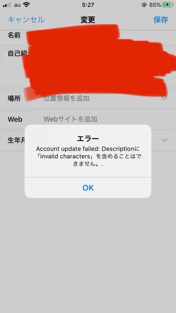 Twitterで自己紹介を書いたのですが保存を押すと画像のようなものが出