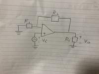 電子回路の問題何ですが、解き方が分かる方いましたら教えてください。
問
次の回路において、電圧増幅率AV（＝Vo/Vi）を求めよ ※ただし、オペアンプは理想的なものとする。