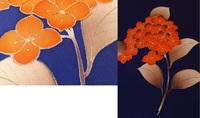 こちらの帯（着物用）の着用時期を教えてください。 紺色に朱色に描かれた花柄の帯をいただきました。（色味は花の全体がわかる画像のほうが近いです。より濃い青色です）
アジサイだと思うのですが、正しいでしょうか。
また、着用時期を教えていただけますでしょうか。

葉っぱや枝、幹まで描かれている場合と、花だけの場合で着る時期が異なる花もあると聞いております。

今回の帯は色調がアジサイと...
