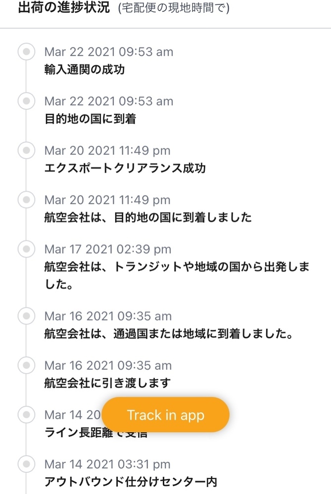 海外サイトにて商品がTOPYOUで発送された後3月22日には通関して