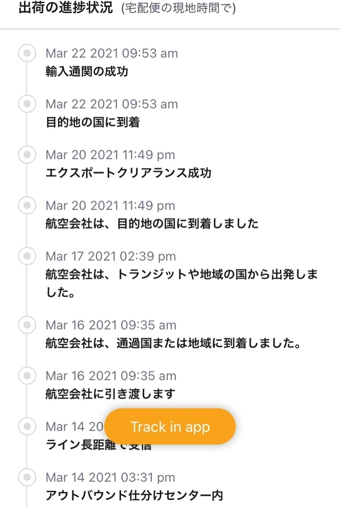 海外サイトにて商品がTOPYOUで発送された後3月22日には通関している 