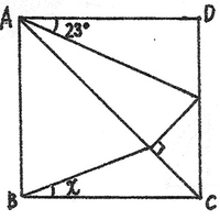 角度を求める問題 中学校～高校レベルの数学の問題だと思うのですが、画像の問題が分かりません。□ＡＢＣＤは正方形です。元々の図形がやや不鮮明ではっきりしないのですが、おそらくＡＣは対角線だと思います。よろしくお願いします。