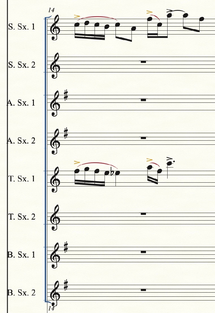 【Finale 26について】 以下の楽器で楽譜を作成しているのですが、ソプラノサックスとテナーサックスは再生と記譜の音が合っているのですが、アルトサックスとバリトンサックスはズレてしまいます。 どのような方法で改善できるのでしょうか？