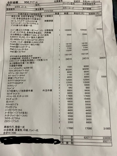 カワサキZ1を修理しているのですが、この内容でこの工賃は妥当でしょ