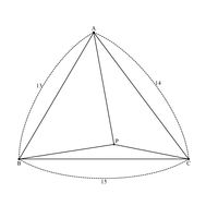 △ABCと点Pがある。
AB=13、BC=15、CA=14
点Pにより分割できる三つの三角形、△ABP、△BCP、△CAP
のそれぞれの三辺の二乗の和が等しいとき、 線分AP、BP、CPの長さを求めてください。


(創作問題111)