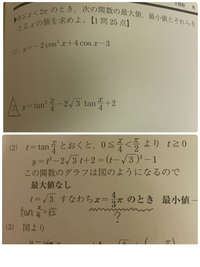 三角関数の問題です。平方完成をしてtの値をだし最大値最小値を